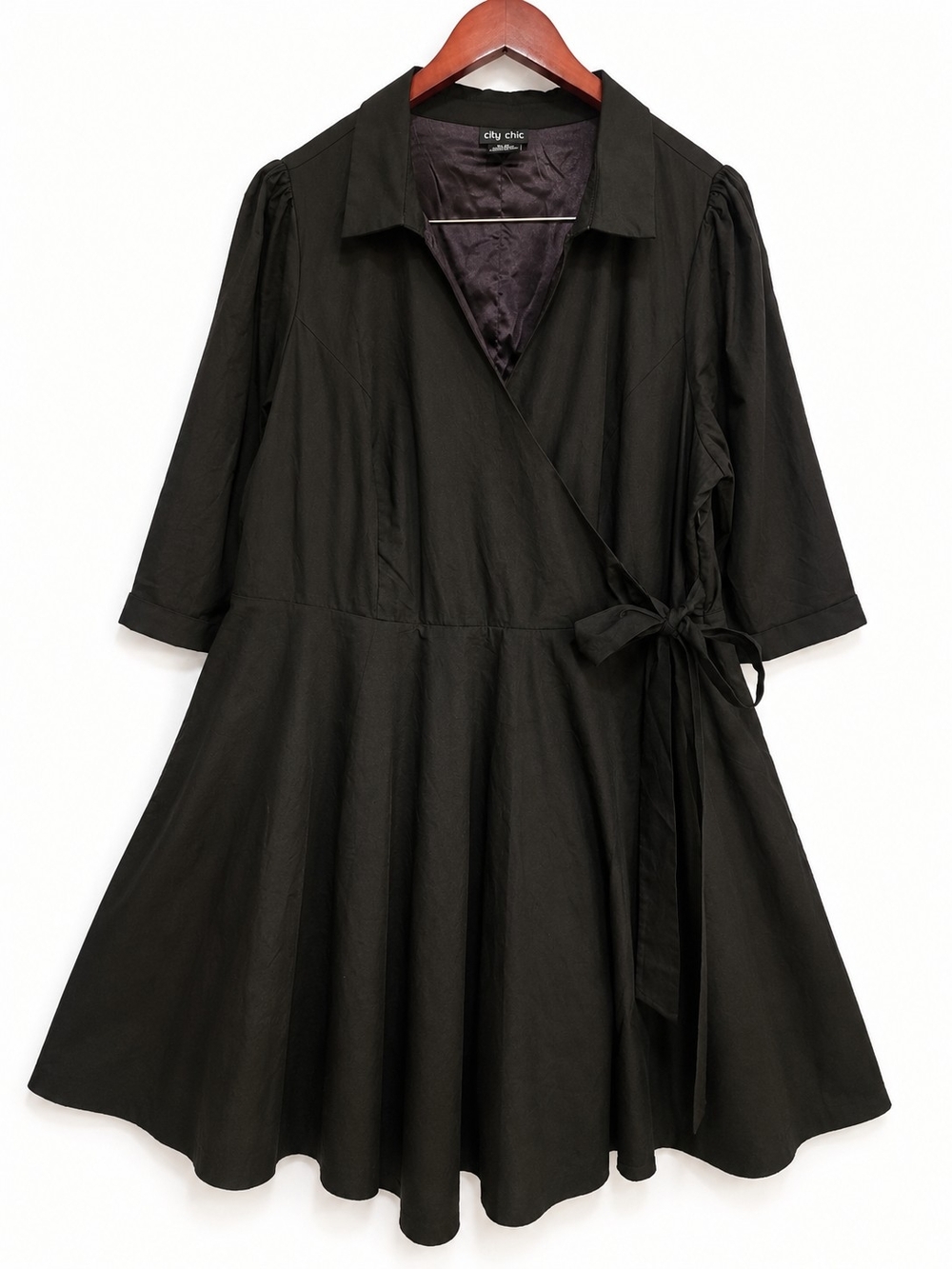 City Chic Black Wrap Dress 22 Plus Size Fit & Flare Puff Sleeve Pockets - Picture 2 of 11